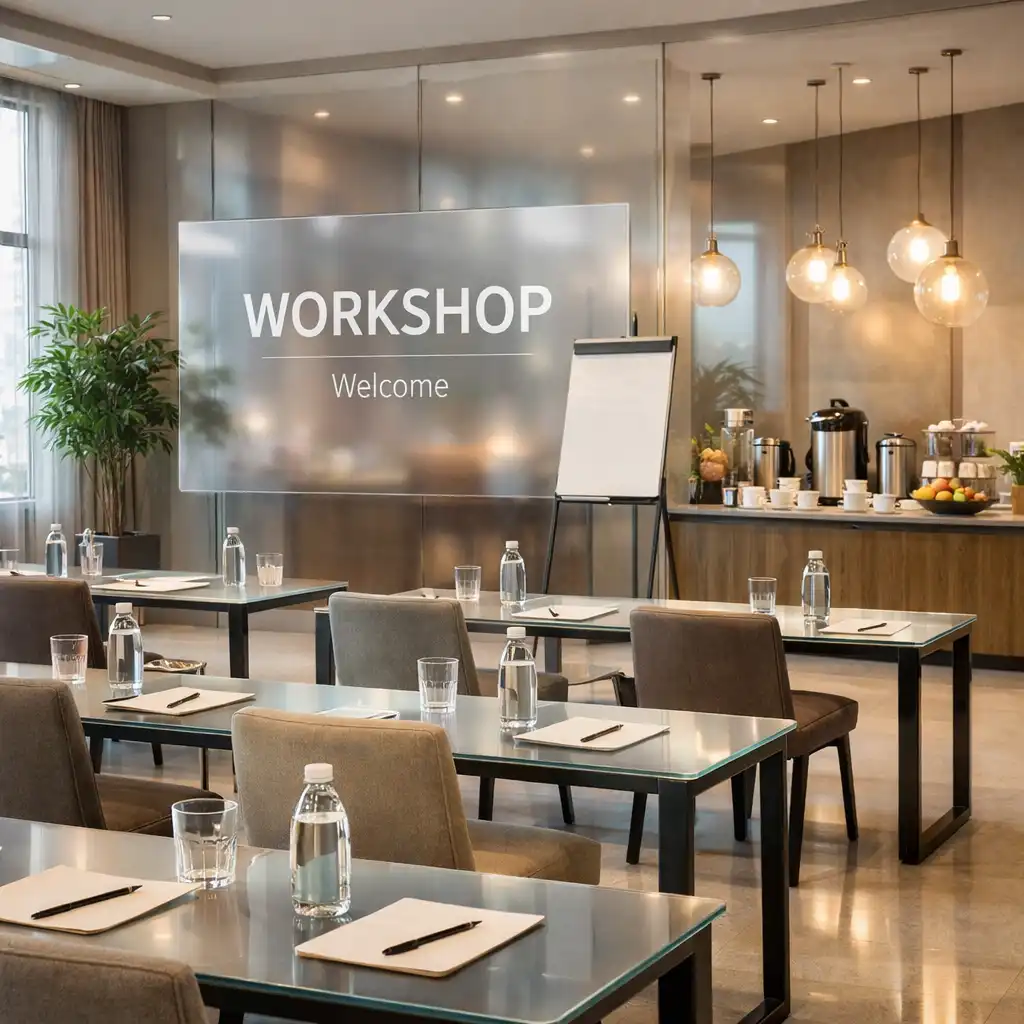 Üzleti vacsorára berendezett, gyertyafényes Event Lounge HU terem modern asztalbeállítással