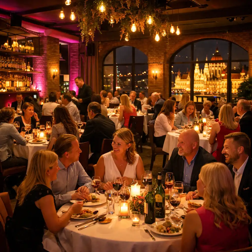 Társasági eseményekre berendezett esti rendezvénytér az Event Lounge HU-ban
