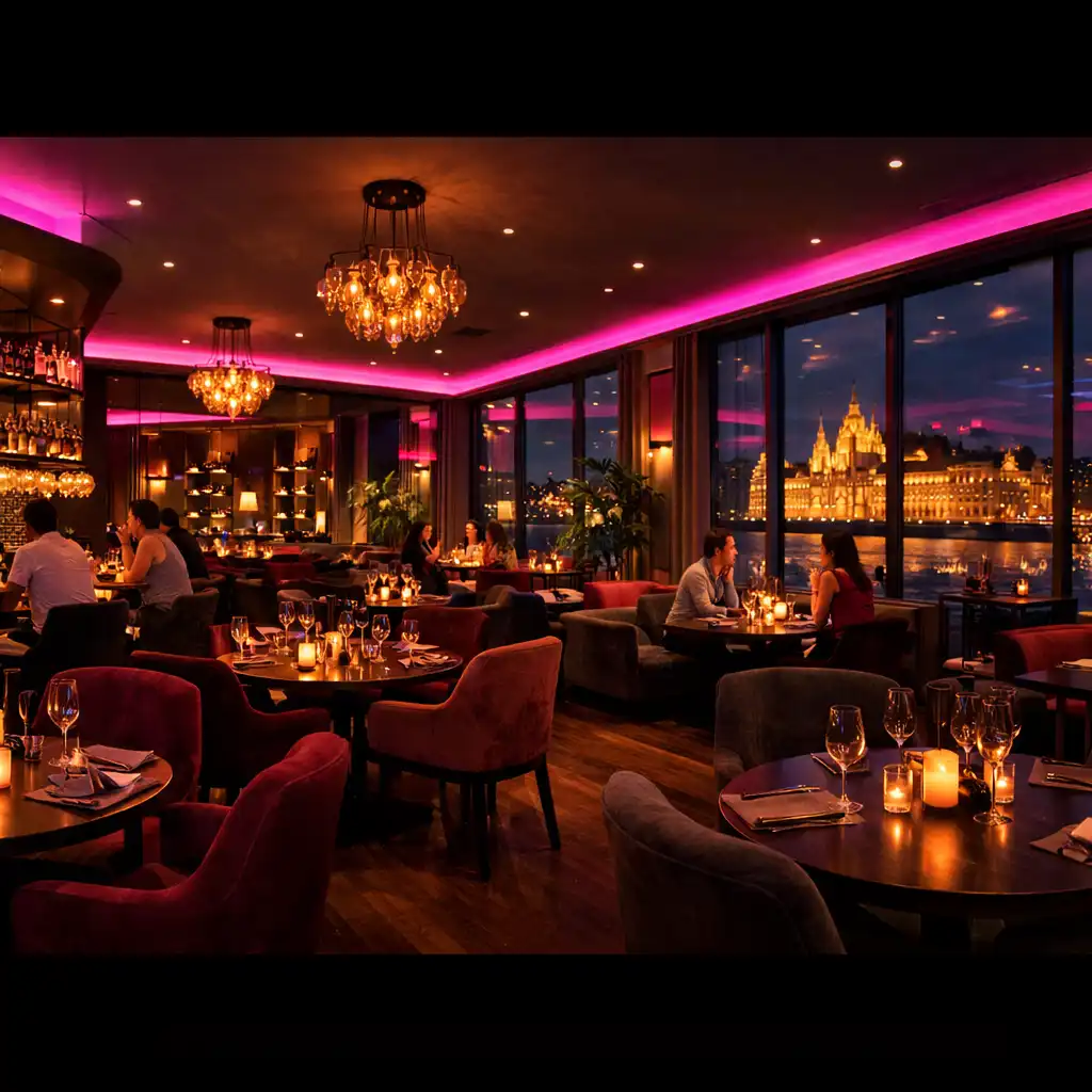 Hangulatos, magenta fényekkel megvilágított budapesti étterem és lounge belső tér