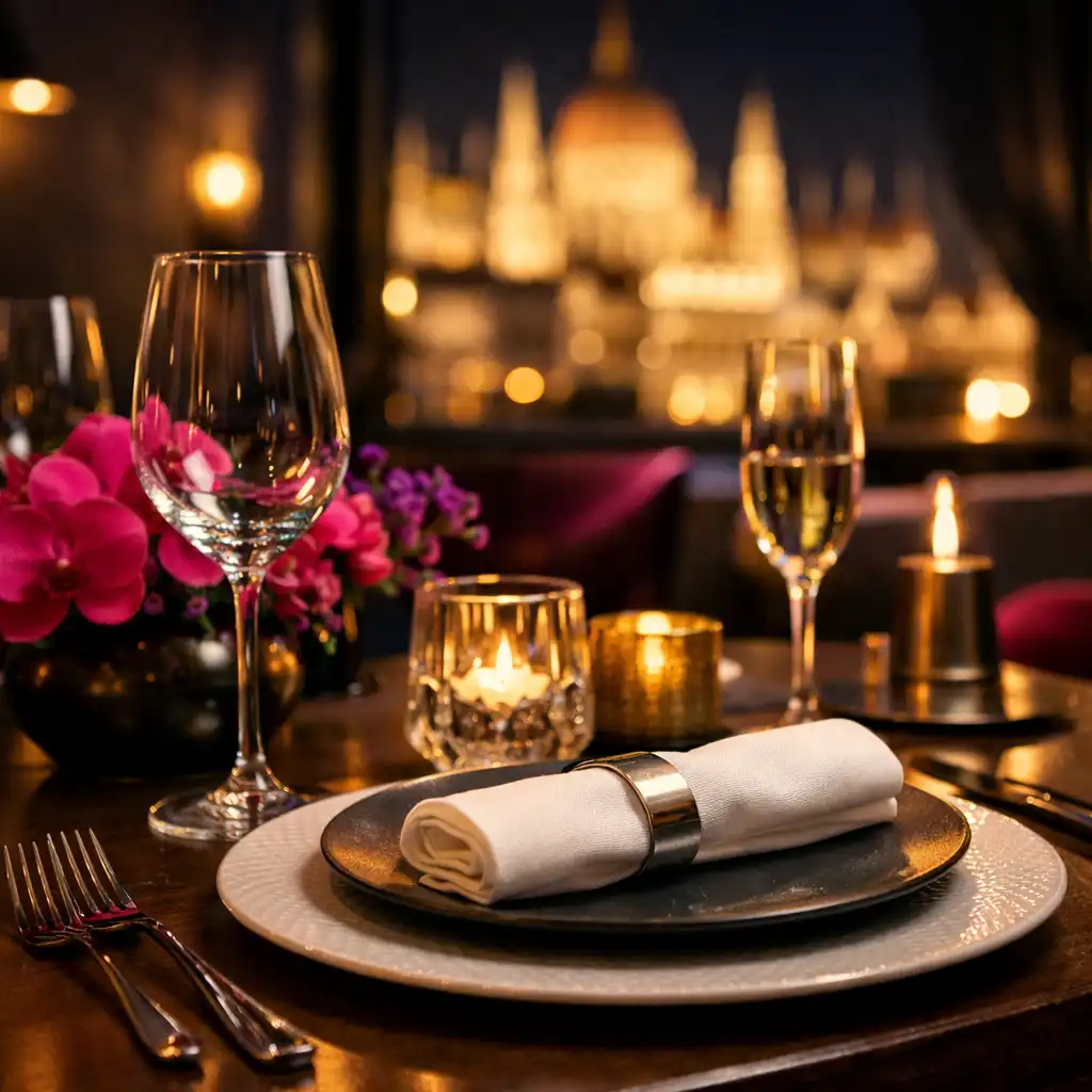 Elegánsan megterített privát vacsoraasztal gyertyafénnyel az Event Lounge HU-ban